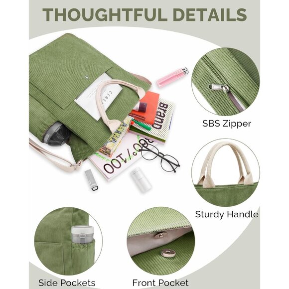 Prite Women Green Corduroy Large Hobo Shoulder Crossbody Tote Bag With Pockets - Picture 5 of 6